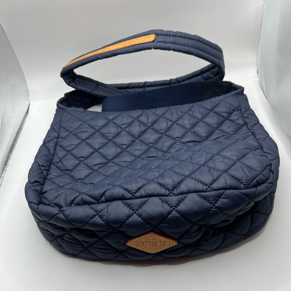 MZ Wallace Quilted Navy Blue Shoulder/Crossbody Bag with Tan Leather Trim - Picture 5 of 16